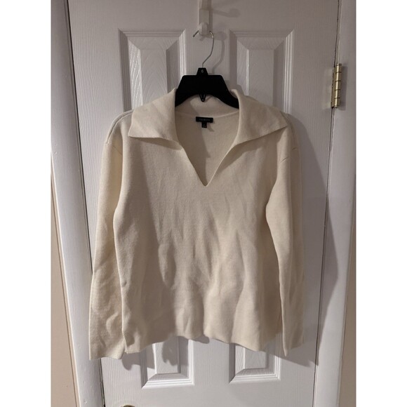 Talbots Sweater  Ivory Johnny Collar V-neck Classic Preppy Nautical S Wool Blend - Picture 6 of 10